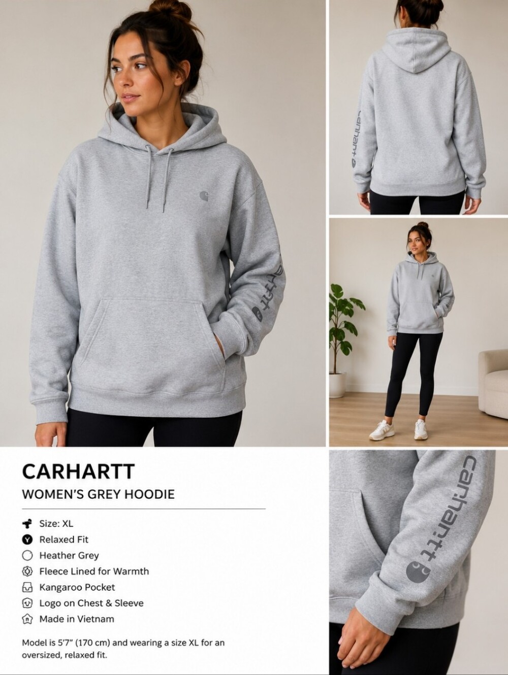 Carhartt Heather Grey Pullover Hoodie with Sleeve Logo XL